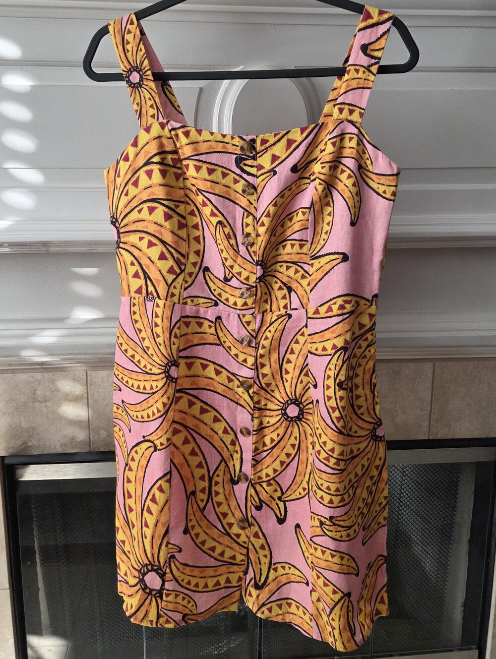 FARM Rio Pink Yellow Banana Print Button Front Sleeveless Mini Dress Size L